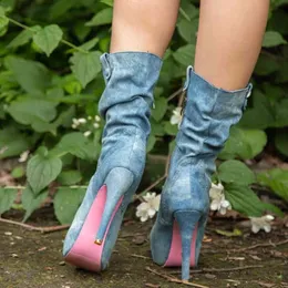 Buty 2021 Kobiety kolan wysokie seksowne obcasy boczne zip dżinsowy kowbojski moda marka projektantów platforma butów żeńska 220901