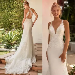 V-Neckless Olcyveless Boho Mermaid Wedding Dress for Women 2022 أحدث الدانتيل الزفاف ثوب الزفاف