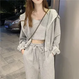 Women's Two Piece Pants 3PCS Autumn Solid Hoodies Sets Women Long Sleeve Clothes Zipper Hooded Tops Pant Matching Suit Female Cropped Vest Casual Outfit 220902