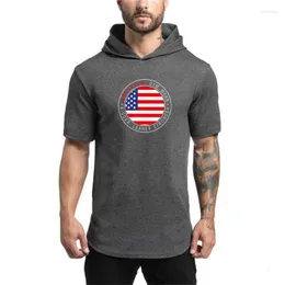 남자 T 셔츠 브랜드 남성 옷 미국 국기 디자인 짧은 소매 슬림 한 셔츠 셔츠면 티셔츠와 후드 피트니스 체육관 후드 남성