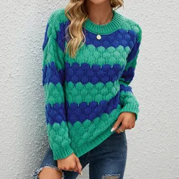Женский повседневное свитер 2022 Новый полосатый цвет толстый теплый пуловер Элегантный осенний зима o шее с длинными рукавами.