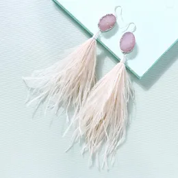 Dangle Earrings ELEGANCE11 Long Ostrich Feather Winter Trendy With Crystal Stone Pendant Funny Christmas