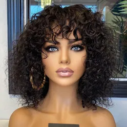 Fummi Human Hair Wig With Bangs Glueless Water Wave Made Scalp Deep Short Curly Bob For Black Brazilian Virgin Female Pixie Cut