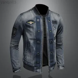 Men's Jackets 5XL Men Vintage Stand Collar Pilot Jacket Denim Bomber Jacket Slim Fit Zipper Jean Outerwear Fashion Men Biker Jackets L220902