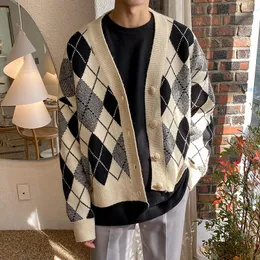 Maglioni da uomo DIMI Maglione cardigan lavorato a quadri scozzese Moda coreana Primavera Autunno Capispalla Casual Scollo a V Abiti Vintage Oversize