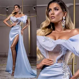 Vestidos de noite de cetim azul para mulheres apliques tule tulle high split sereia baile baile party party wrap robe formal de soiree plus size