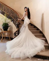Lyxiga arabiska sjöjungfru bröllopsklänningar Dubai Glittrande Kristaller Långa ärmar Brudklänningar Court Train Tyll Kjol robes de mariee