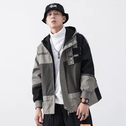 Men's Jackets Men Hip Hop Streetwear Hooded Jacket Patchwork Zipper Coat Fashion Cargo Spring 2022 Cooton Casaco Masculino