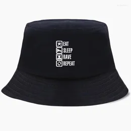 Berets Eat Sleep Rave Repeat Bob Bucket Hats Summer Mens Panama Women Fisherman Hat Cotton Korean Black Caps Hip Hop Beach Print Cap