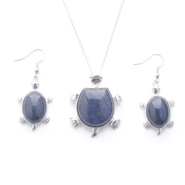 Classic Fashion Jewellery Set Female Hoop Earrings Cute Tortoise shape Blue Sand Stone Pendant & Necklace Chain 45cm Q3102