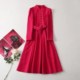 2022 Autumn Stand Collar Pearl Buttons Belted Dress Hot Pink Solid Color Long Sleeve Single-Breasted Dresses 22S021349D Plus Size XXL