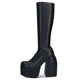 Boots Women Mid Cow Cow Microfiber Leather Platform Thight High Heel Demonia Shoes Black Goth Botas Femininas 220901