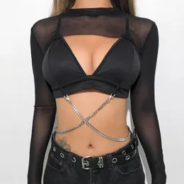 Top sexy da donna a maniche lunghe trasparente con maglie a rete a rete e top corto nero trasparente