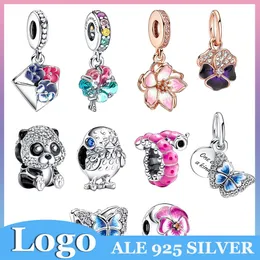 Charm-Perlen aus 925er-Silber, baumelnd, Frühling, rosa Blume, Freunde, Clip-Umschlag, gekräuselte Raupe, passend für Pandora-Charm-Armbänder, DIY-Schmuckzubehör