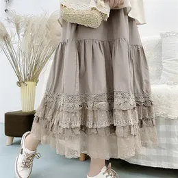 Vestidos casuais estilo Mori Girl Retro algodão puro multicamada de verão renda cintura elástica saia de bolo solta lolita petticoat midi saia 220902