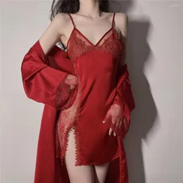 Kadınların Sweetwear Sexy Hollow Out Bathrobe Kimono Elbise 2 Parçası Dantel Çökelle Perspektif Kayış Nightgown Lady Saten Yaz Salonu Giydi