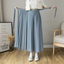 Casual Dresses Summer Elastic Pleated Kirt Women Capris Korean Chiffon Trouser High midje Wide Leg Pant Street 220902