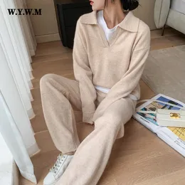 Women's Two Piece Pants WYWM Chic Soft Knitted Sweater Pants Suits Women Autumn Winter Casual Fashion Ladies Sets 2 Pieces V-neck Loose Female Tops 220902