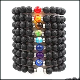 Bracelets de charme 9Colors 7 Chakra Natural Black Lava Stone Bordas elásticas Rocha vulcânica de óleo essencial seja dhseller2010 dheld