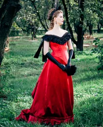 Vintage Victorian Evening Dresses Black And Red Bustle Corset A Line Prom Party Gowns Off The Shoulder V-neck 1880s Gothic Halloween Dress 2023 Robe De Soriee