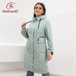 جاكيتات المرأة Hailuozi Spring Womens Trench Coat Midlengle مقاومة للماء سترة مقنعين النساء بالإضافة إلى الحجم الرياضي ألوان الصلبة الرياح 9666 220902