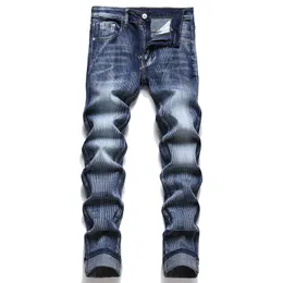 2022 Autumn Slim Fit Stretch Men's Print Jeans Blue Skinny Denim Pants Grinding White Cotton Trousers Mid-waist Pantalones