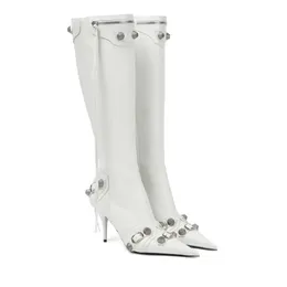 St￶vlar Cagole Stud Buckle Empelled Textured-Leather Knee Boots Sidan Zip Shoes Point Toe Stiletto Heel Tall Boot Run Way Luxury Designers Shoe