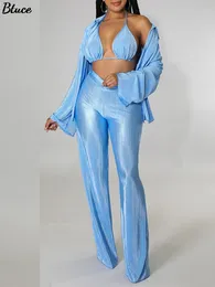 Women's Two Piece Pants Sexy Pleated Women 3 Piece Sets Casual Underwear Bra Long Sleeve Shirts Wide Leg Pants Suits Female Elegent Party Outfits 220902