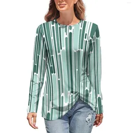 Koszulki damskie Retro 70s Zielona linia abstrakcyjna geometryczna uliczna noszenie T-shirt długie rękaw