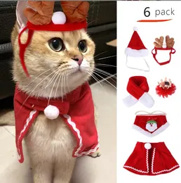 Pet Christmas Costume Outfit Set Reindeer Antlers pannband Santa Christmas Hat Red Scarf and Pet Cloak för hundkatt Pets Xmas Party Cosplay Supplies