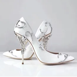 Elegant Women's Shoes Fashion Metal Flower Stiletto High Heel Bride Wedding Party Shoe Ladies Pointed Toe Satin Pumps