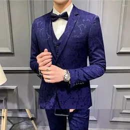 Abiti da uomo Moda Royal Blue Jacquard Abito da uomo Business Formale 3 pezzi Slim Fit Notch Risvolto Prom Smoking da sposo Groomsmen Sposo