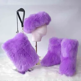 Buty Zmpdxy Kobiety zimowe futra puszyste luksusowe pluszowe kostki opaski na głowę zestaw torby botas mujer 220903