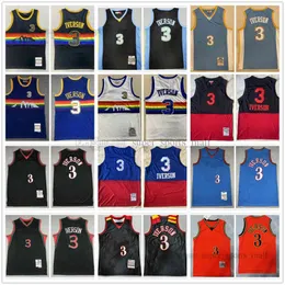 스티치 농구 유니폼 Allen 3 Iverson Black White Blue Retro Jersey 1996-97-98 2003-04 Mens 사이즈 XS-XXL