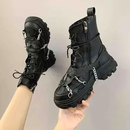 Boots Women Shoes Platform Punk Gothic för Combat Ladies Black Metal Button Woman Motorcykel Ankel Autumn New 220903