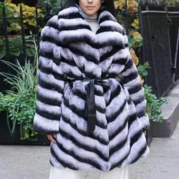 Women's Fur Natural Rex Coat With Turn-down Collar Winter Fashion Chinchilla Color Genuine Coats Woman Luxury