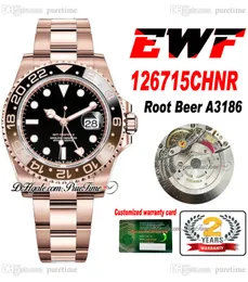EWF GMT Root Beer A3186 Automatic Mens Watch 12671 Rose Gold Cola Black Brown Ceramics Bezel Black Dial 904L Steel OysterSteel Bracelet Super Edition Puretime E5