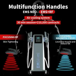 Güçlü EMS Tech Neo Zayıflama Makinesi RF Elektromanyetik Kas Stimülatörü Kilo Kaybı 4 Kulplar Vücut Şekli Yağ Azaltma Popo Asansör Selülit Kaldırma RF ve Yastık
