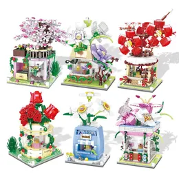 Blocks Mini Building Flower Diy City Street View Rose Cherry Blossom Shop 3D Model Decoration Children s Assembled Toy Girl Gift 220902