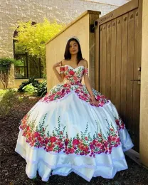 Quinceanera Weiße Kleider Blumenspitze Applikat Korsett zurück vom Schulter abgestuften Satin Satin maßgeschneiderte süße Prinzessin Geburtstagsfeier Ballkleid Vestidos