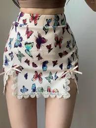 Skirts Retro TVVOVVIN Print Butterfly Bow Split Lace Elegant Slim Hip Sexy Mini Skirt Sweet Korean Women Cute Girl F54T