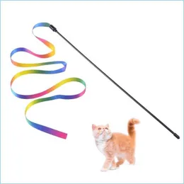 Cat Toys Toys Colorf Funny Stick Fun Pet Dog Dwustronna tęczowa wstążka zwiastun Rod Interaktywna różdżka