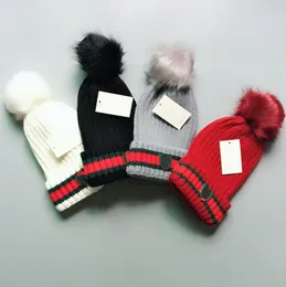 Fashion Winter Women Stripe Beanies Hats For Woman Men Parent Child Bonnet Removable Pompoms Warm Girl Boys Kids Cap