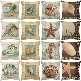 Cuscino Shell Conch Starfish Pattern Cover 45X45cm Sea Life Federa decorativa in lino Stampa a lettere retrò a righe