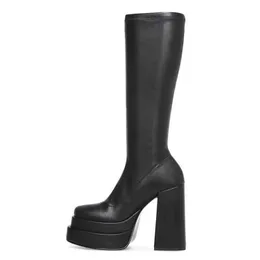 Stiefel Frauen Plattform Goth Schuhe Chunky Heels Hohe Knie Mikrofaser Schwarz Stretch Lange Botas Femininas Neue 220903