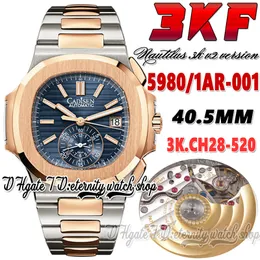 3KF V2 3K5980-1ar-001 CH28-520 Cronógrafo automático Mens relógio rosa ouro azul-textura Dial Marcadores de dois tons Bracelete inoxidável Super edição Eternity Watches Watches