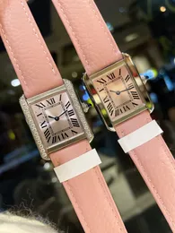Brand Luxury Tank Quartz Assista Genuine Leather Pink Dialwatch Watch para mulheres n￺meros romanos rel￳gio Lady Lady Stainless Steel Geom￩trico Ret￢ngulo