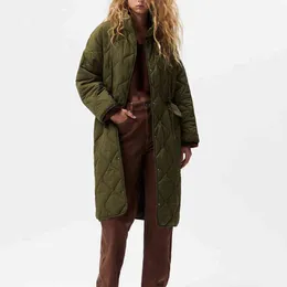 Women's Down Parkas Za Women Winter Jacket 2021 Stand kołnierz Kolejka Parka Kurtka Long Rleeve Army Green Quarded Pleats for Women Streetwear ciepły płaszcz T220902