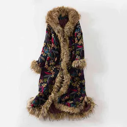 Women's Down Parkas Ethnic Style Winter Coat Fur Collar Long Dust Coat Windbreaker Cotton Linen Vintage Cotton Padded Clothes Jaqueta Feminina f1859 T220902