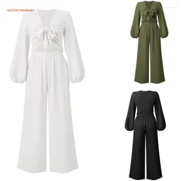 Women's T Shirts Womens 2 Piece Solid Color Jumpsuit Outfits Long Sleeve Crop Top And Pants Set